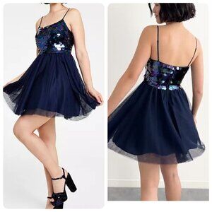 City Studio Juniors' Embellished Mesh Fit Flare Dress Sz 5/6 Navy Blue